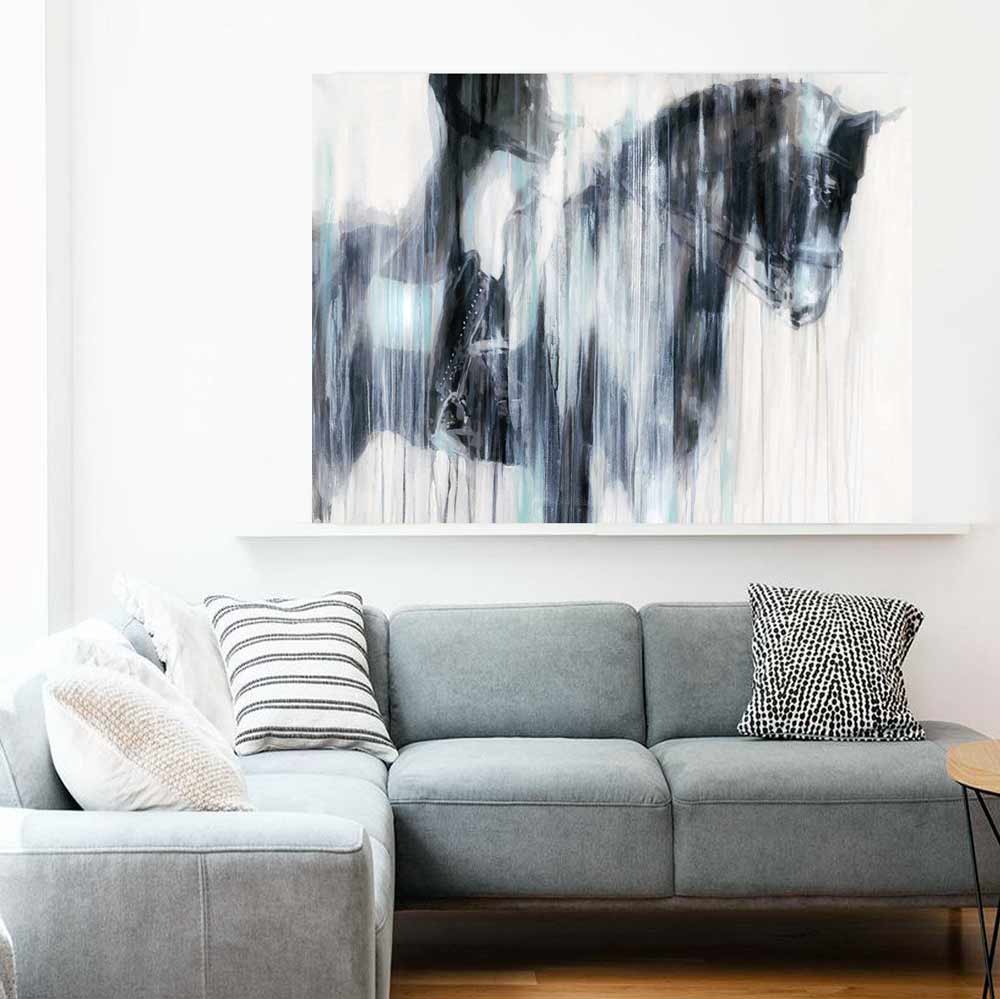dressage horse art painting in modern abstract black and white style 