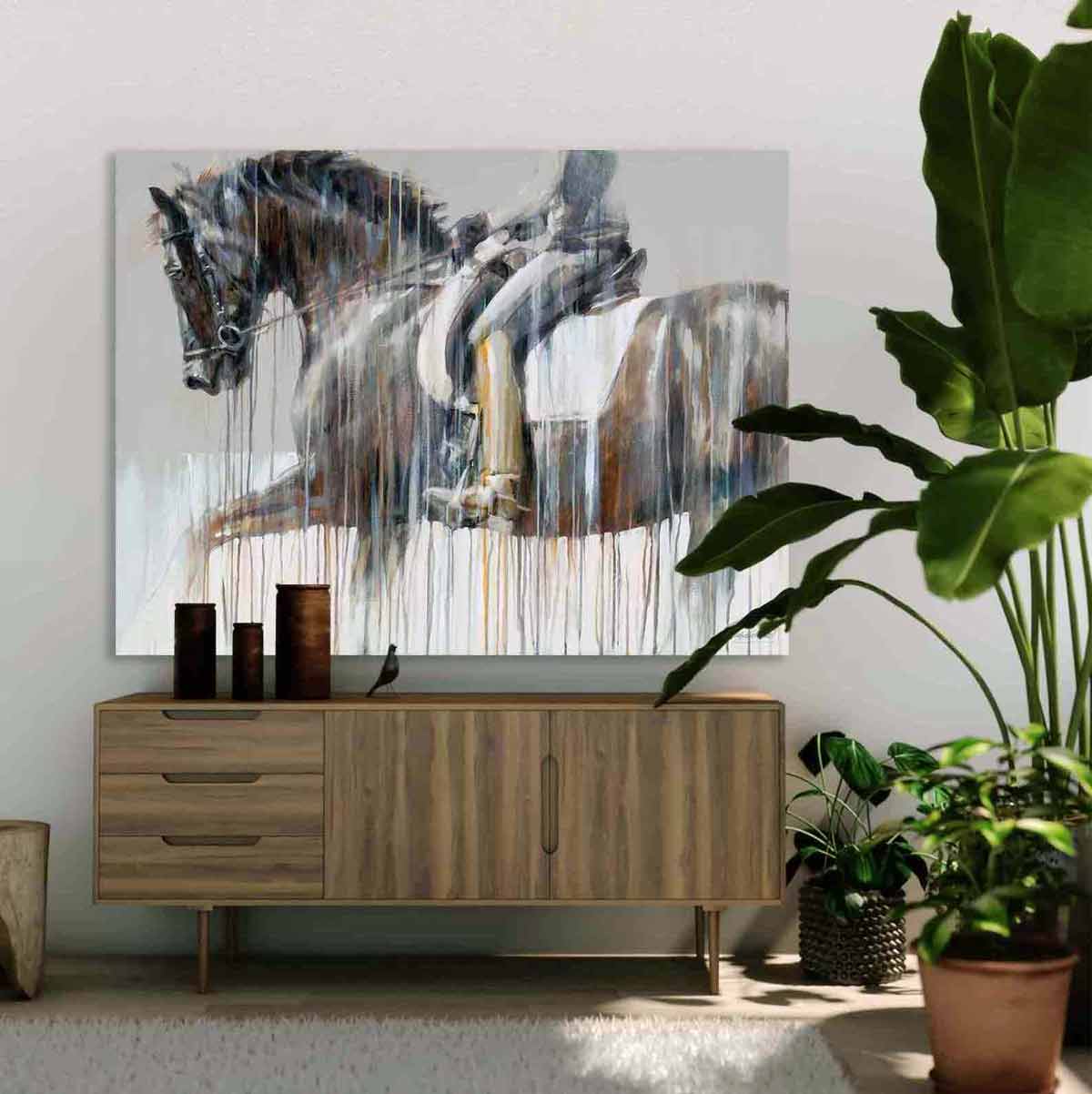 Modern horse art print of dressage riding tempo with energy abstract paining