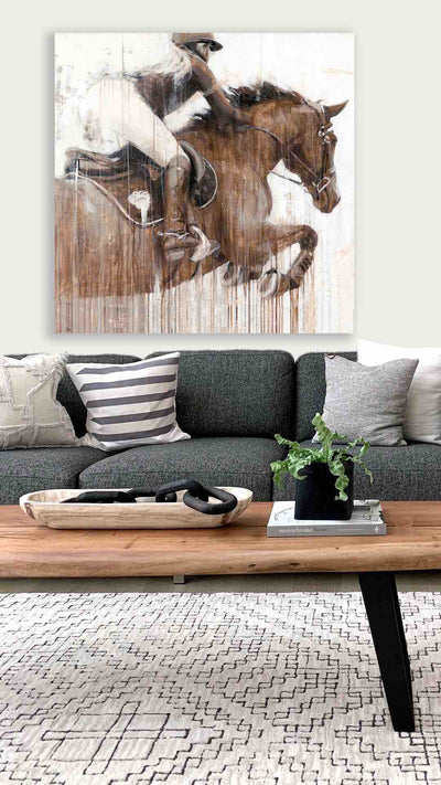 horse print of show jumper in contemporary mixed media on canvas