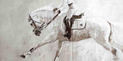 showjumper painting of gray warmblood hunter jumper galloping in contemporary style
